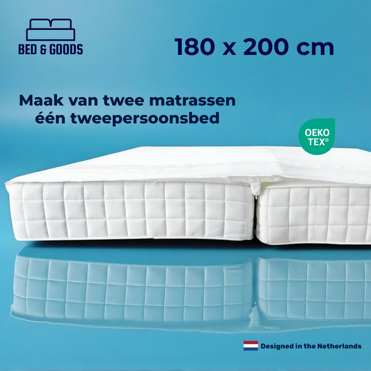 advertentie foto, marketing van wit Hoeslaken met ingebouwde uitneembare matraswig 180 x 200 cm Bed & goods dicht spleet tussen twee matrassen, maakt van twee matrassen een tweepersoonsbed bedbinder lovebridge liefdesbrug matrasbrug. machine wasbaar