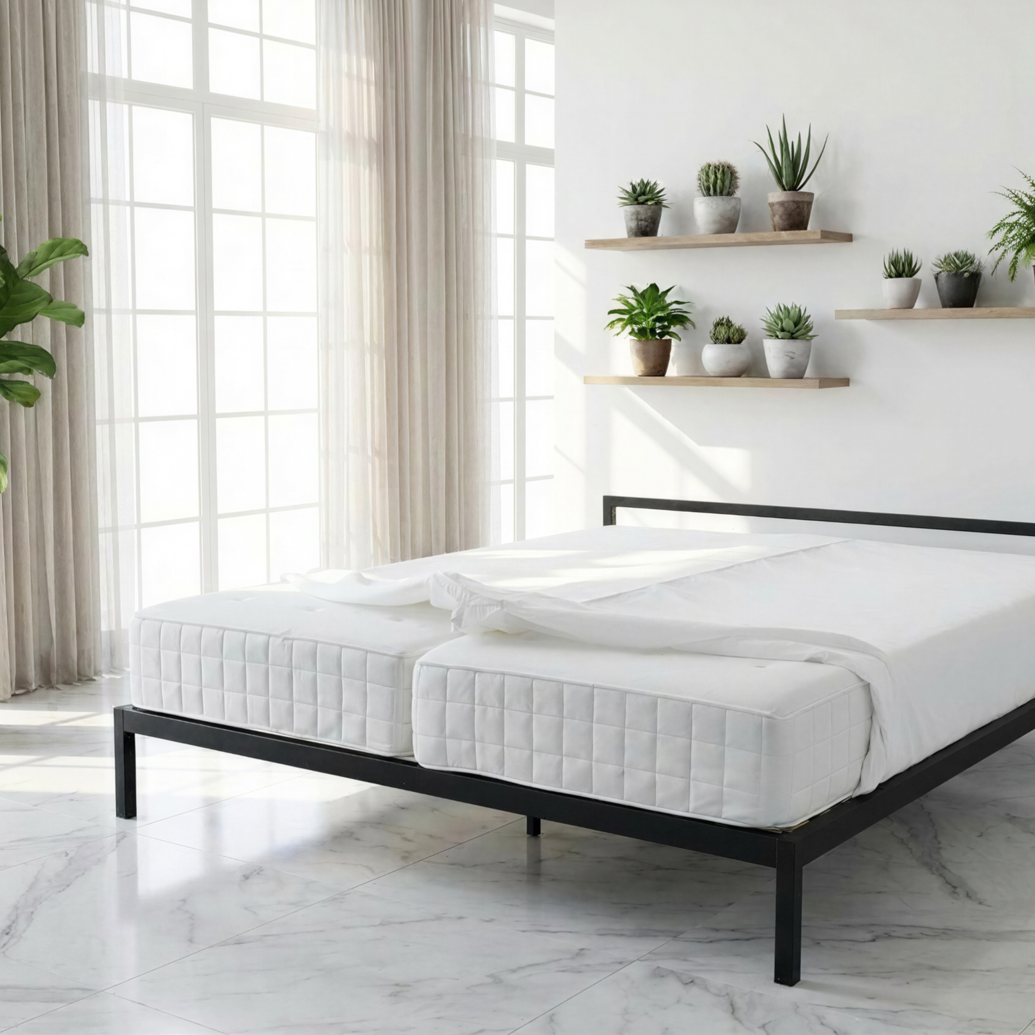 Opgemaakt bed met wit Hoeslaken met ingebouwde uitneembare matraswig 180 x 200 cm Bed & goods dicht spleet tussen twee matrassen, maakt van twee matrassen een tweepersoonsbed bedbinder lovebridge liefdesbrug matrasbrug. eenvoudig simpel en snel, geen last van spleet